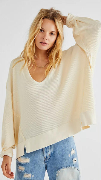 Beige Ribbed Knit Drop Shoulder Sweater